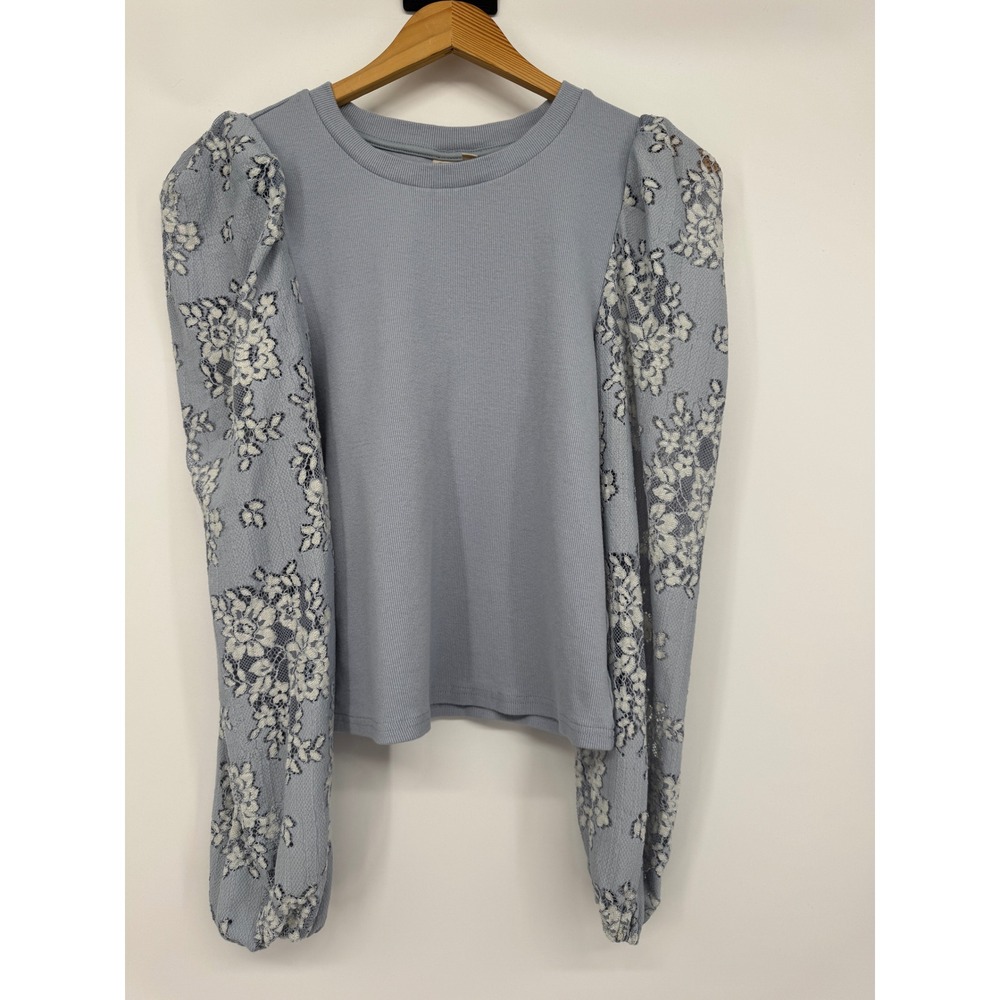 Dolan‎ Shirt Women S Blue Floral Lace Puff Sleeve Ribbed Boho Coquette Romantic